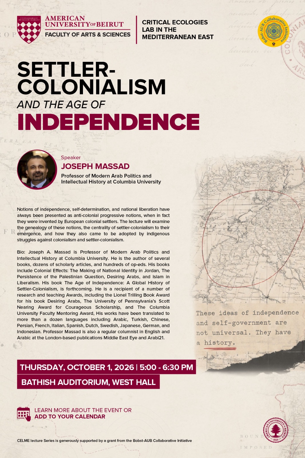 Event flyer: Settler-Colonialism and the Age of Independence, lecture by Joseph Massad, Thursday October 1, 2026, 5:00-6:30 PM, Bathish Auditorium, West Hall
