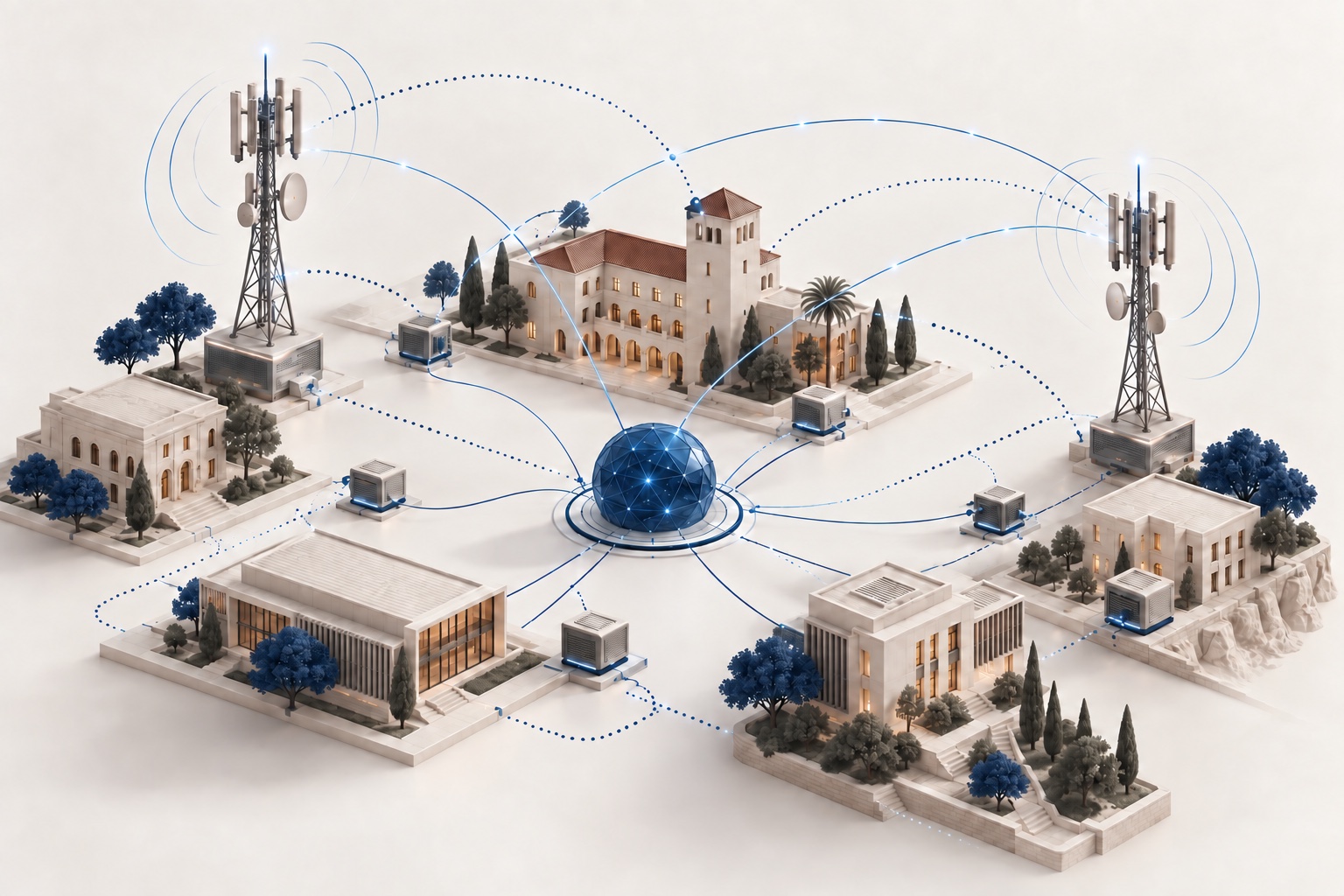 Buildings and antennas connected through a dark blue network hub.