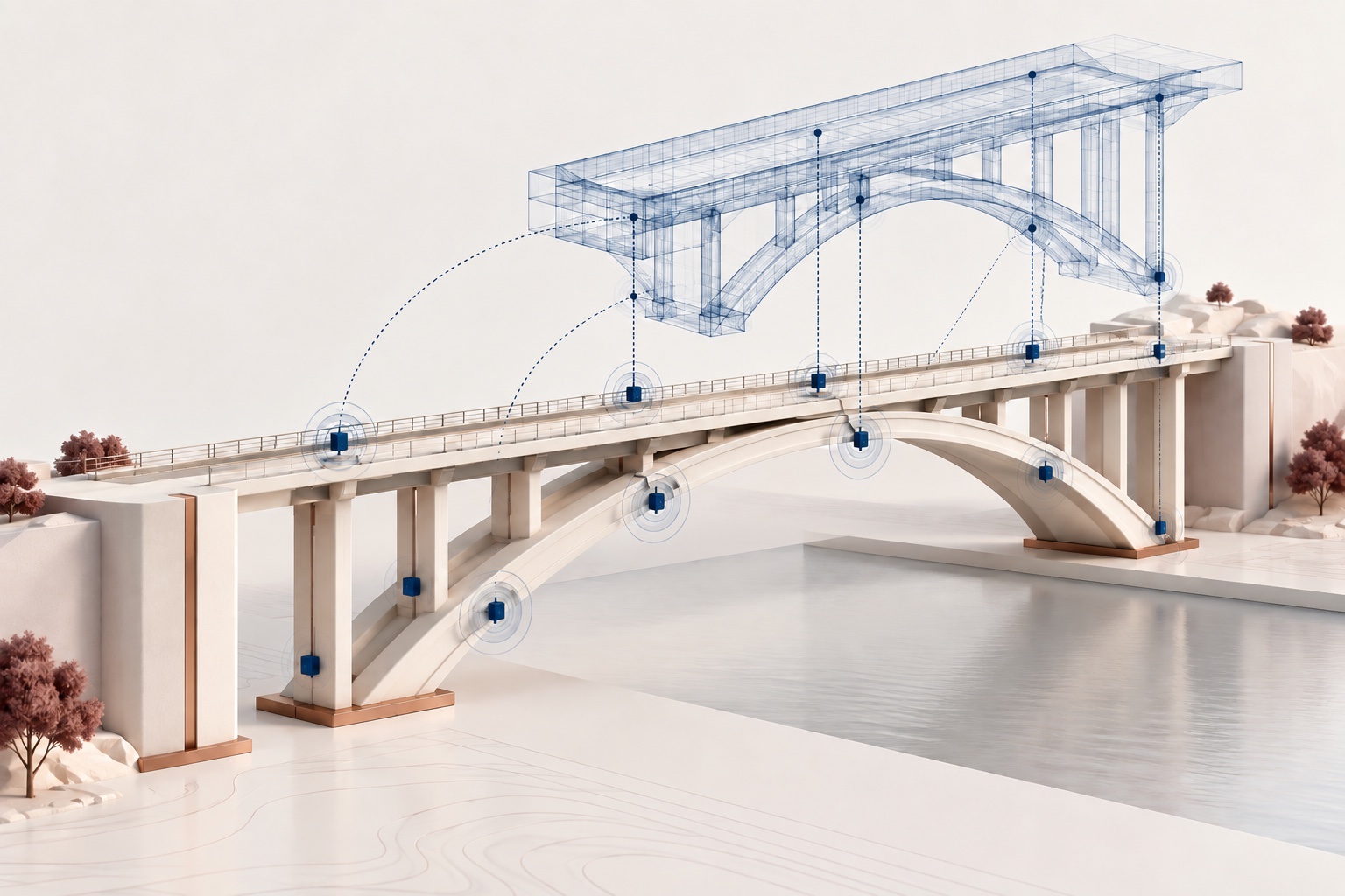 Bridge with sensors and a blue wireframe digital twin, illustrating structural health monitoring.
