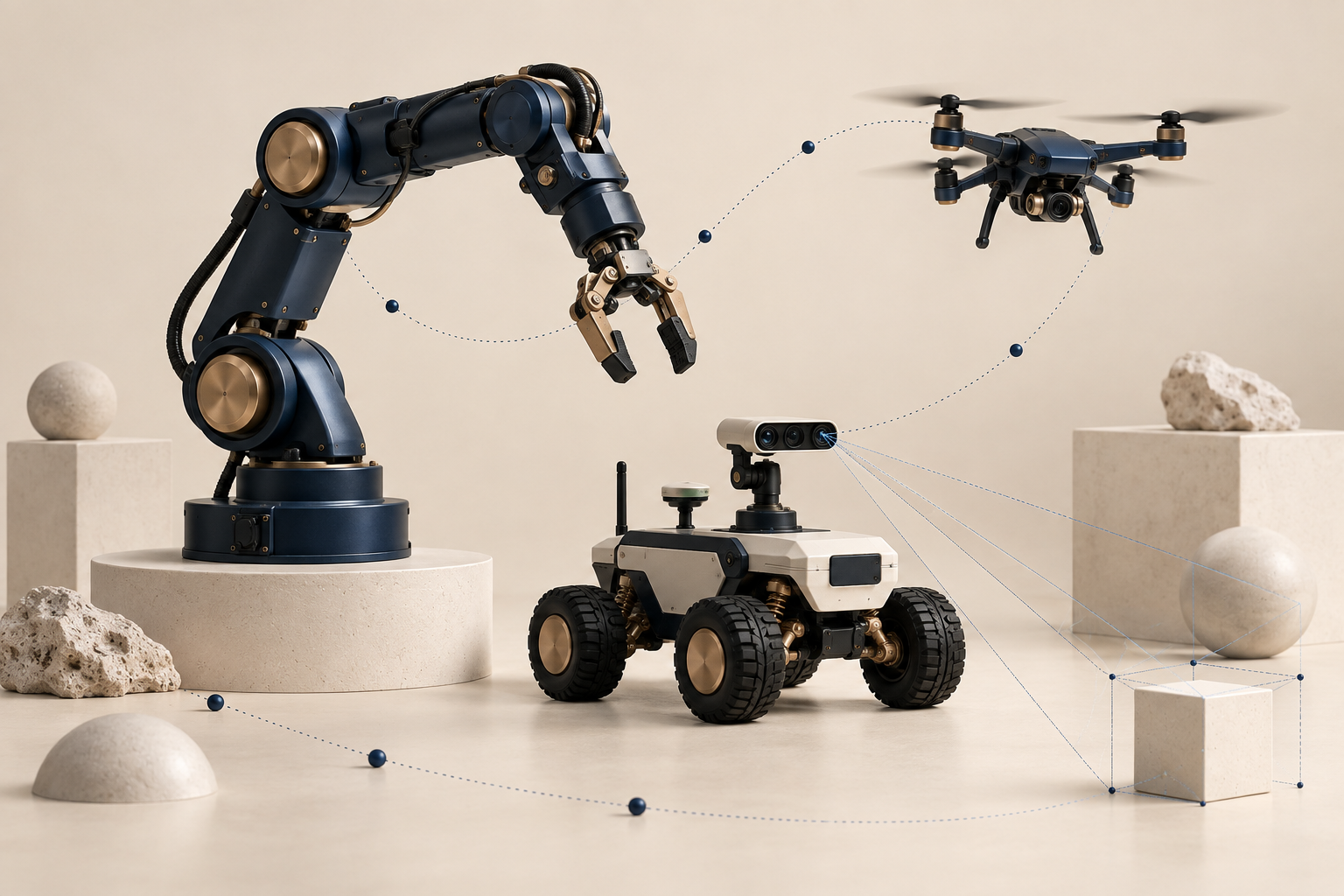 Navy robotic arm, autonomous rover and drone on an ivory studio background, illustrating robotics, vision and autonomous systems.