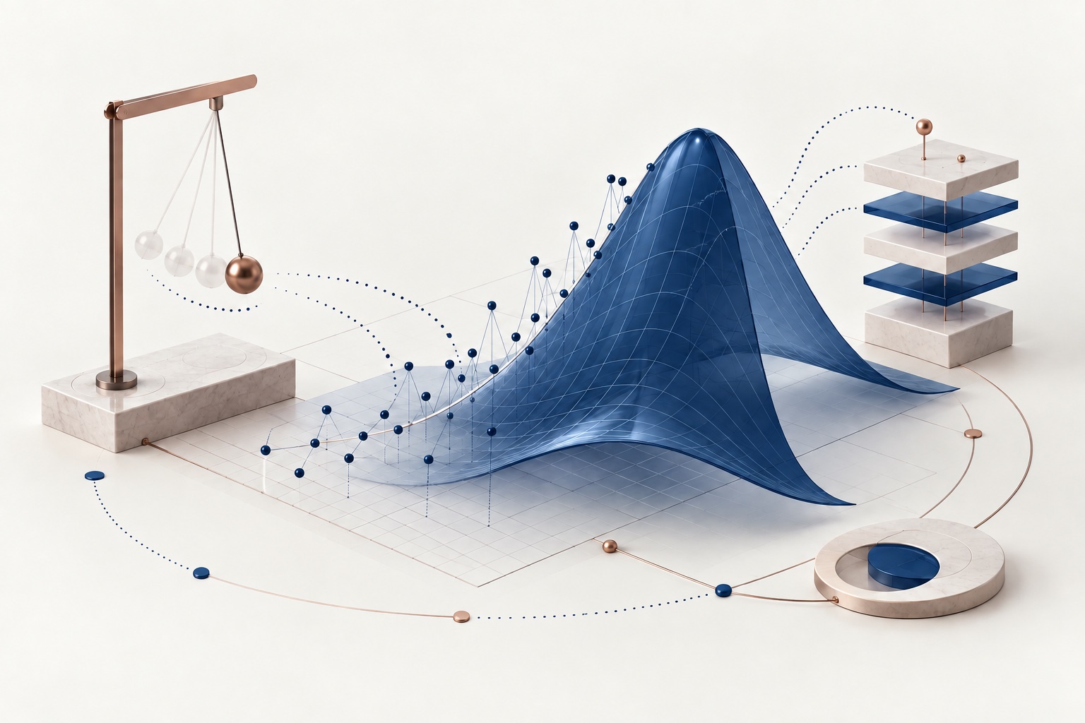 Mathematical surface and data points beside a pendulum, illustrating scientific machine learning.