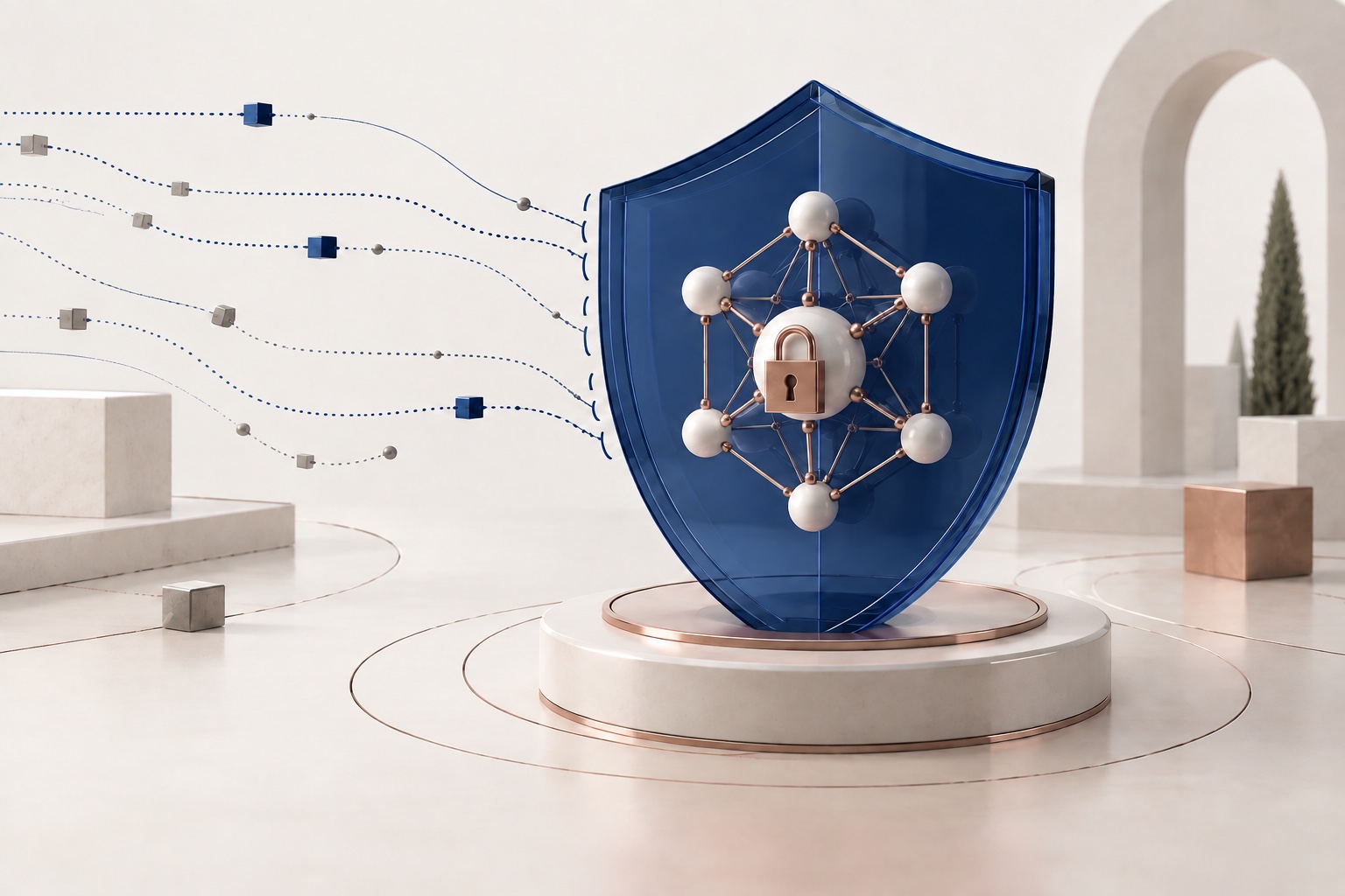 Dark blue shield protecting a connected network, illustrating secure and trustworthy AI.
